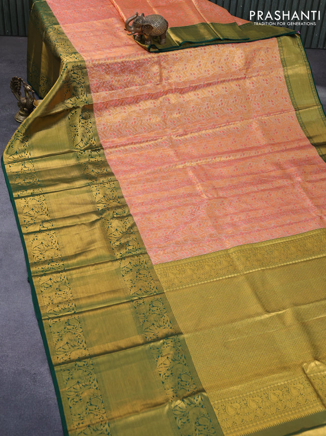 Pure kanchipuram tissue silk saree peach orange and green with allover zari woven brocade weaves and long zari woven border