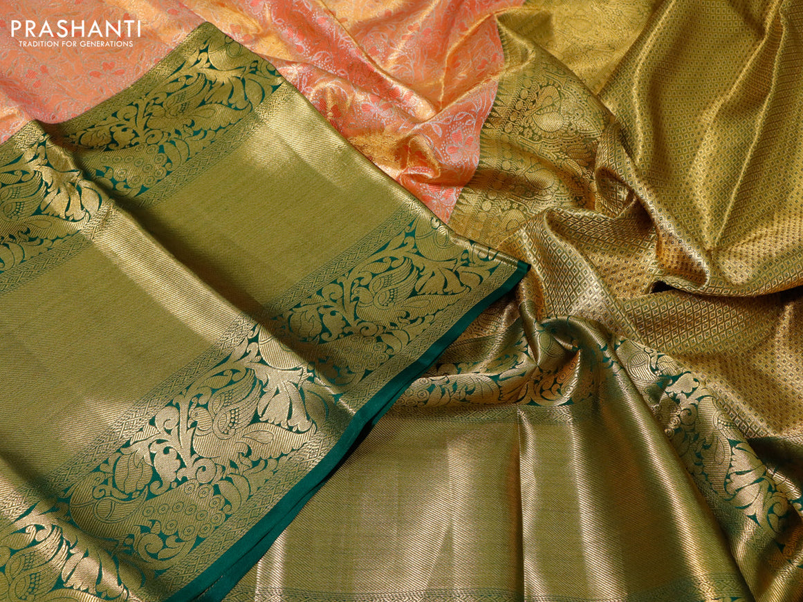 Pure kanchipuram tissue silk saree peach orange and green with allover zari woven brocade weaves and long zari woven border