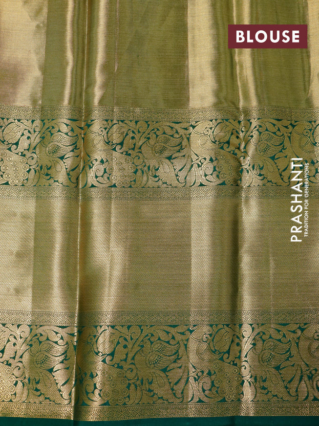 Pure kanchipuram tissue silk saree peach orange and green with allover zari woven brocade weaves and long zari woven border