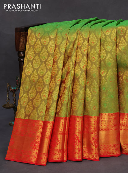 Pure kanchipuram silk saree green and red with allover zari woven butta weaves and zari woven border