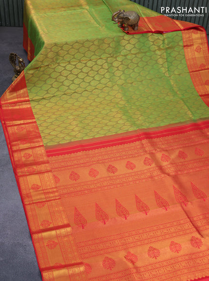 Pure kanchipuram silk saree green and red with allover zari woven butta weaves and zari woven border