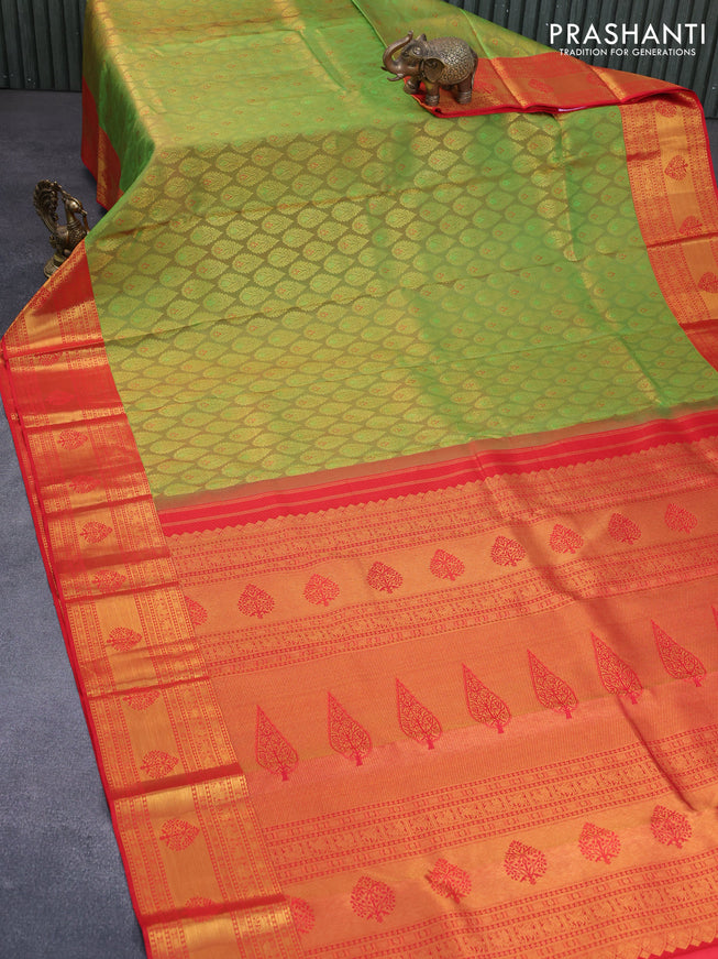 Pure kanchipuram silk saree green and red with allover zari woven butta weaves and zari woven border