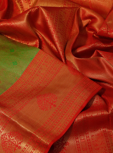 Pure kanchipuram silk saree green and red with allover zari woven butta weaves and zari woven border