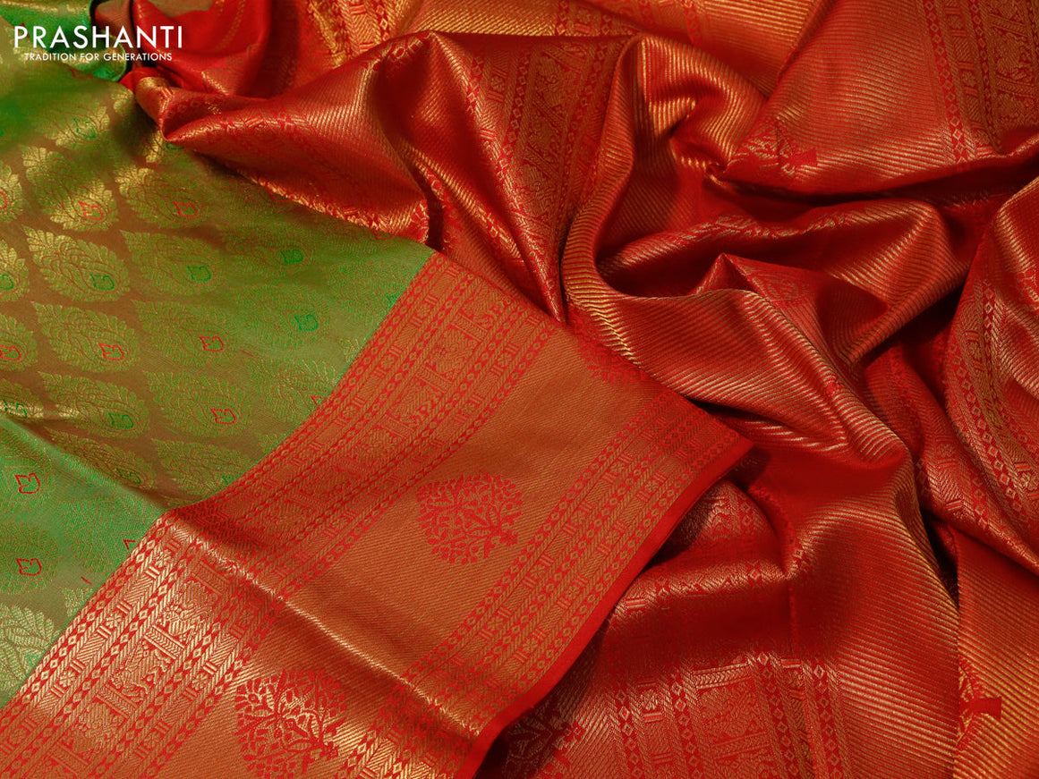 Pure kanchipuram silk saree green and red with allover zari woven butta weaves and zari woven border