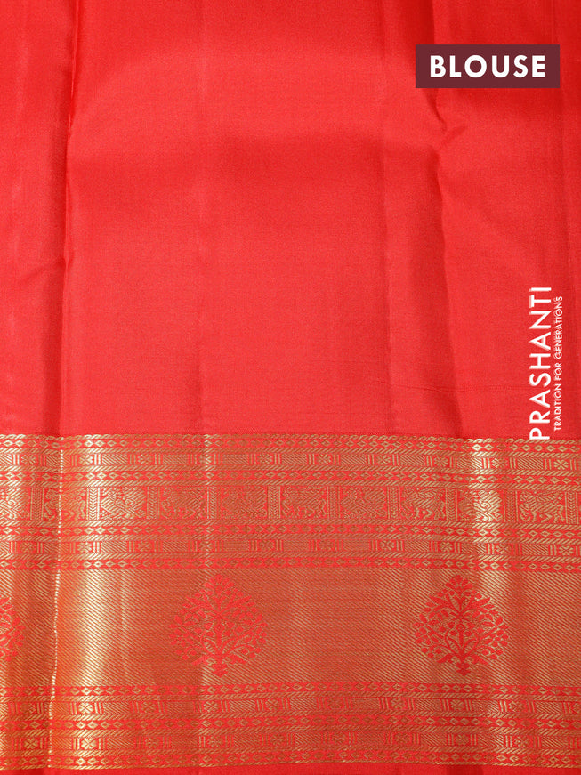 Pure kanchipuram silk saree green and red with allover zari woven butta weaves and zari woven border