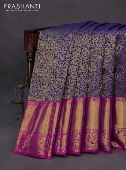 Pure kanchipuram silk saree blue and pink with allover zari woven brocade weaves and long zari woven border