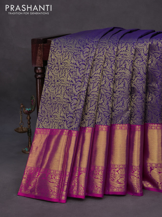 Pure kanchipuram silk saree blue and pink with allover zari woven brocade weaves and long zari woven border