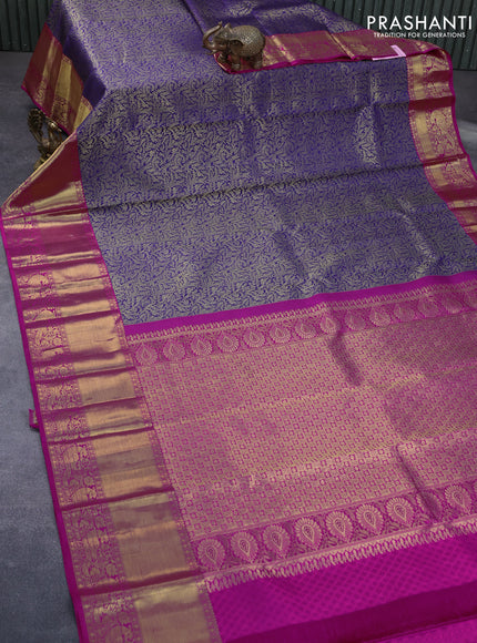 Pure kanchipuram silk saree blue and pink with allover zari woven brocade weaves and long zari woven border