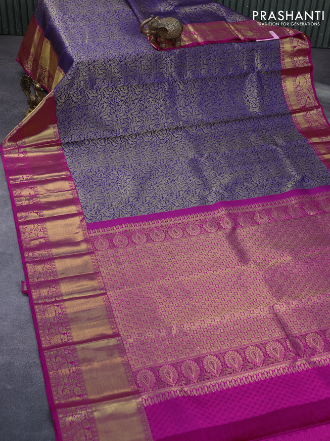 Pure kanchipuram silk saree blue and pink with allover zari woven brocade weaves and long zari woven border