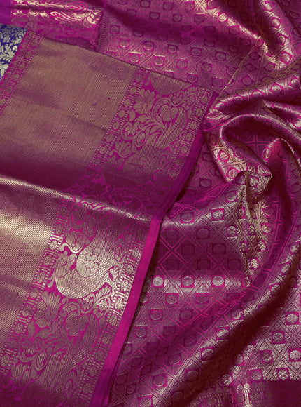 Pure kanchipuram silk saree blue and pink with allover zari woven brocade weaves and long zari woven border