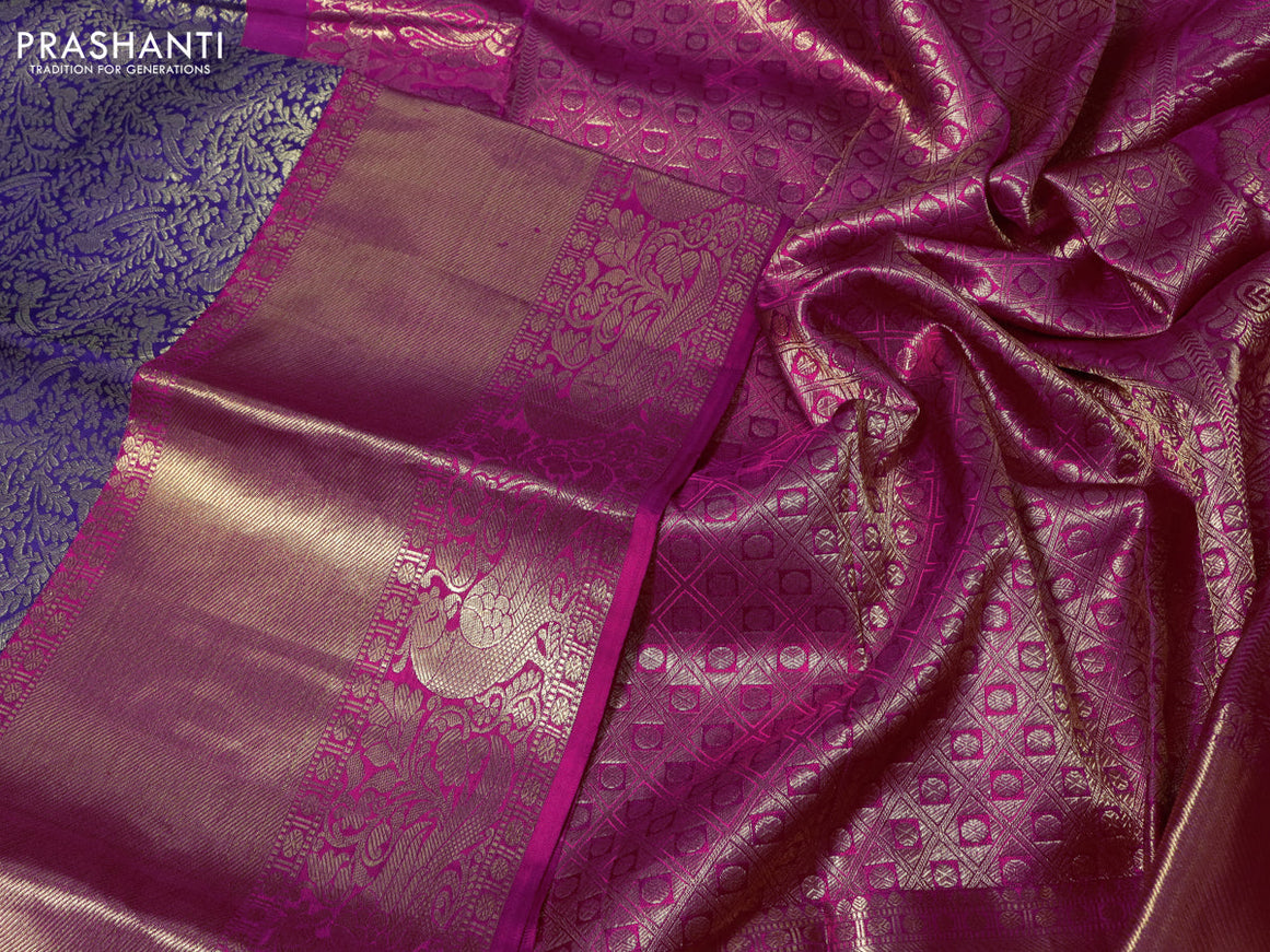 Pure kanchipuram silk saree blue and pink with allover zari woven brocade weaves and long zari woven border