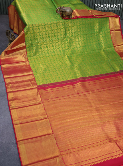 Pure kanchipuram silk saree green and red with allover zari checks & buttas and long zari woven border