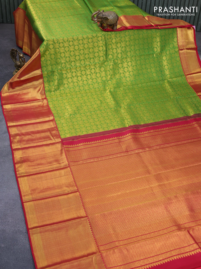 Pure kanchipuram silk saree green and red with allover zari checks & buttas and long zari woven border