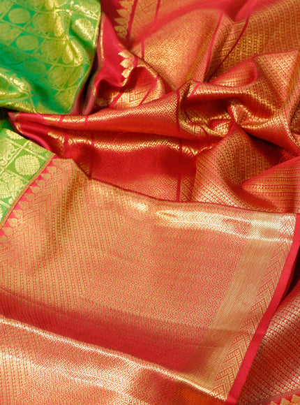 Pure kanchipuram silk saree green and red with allover zari checks & buttas and long zari woven border