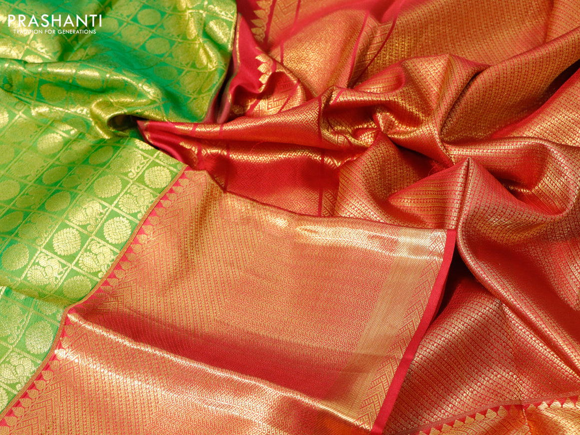 Pure kanchipuram silk saree green and red with allover zari checks & buttas and long zari woven border