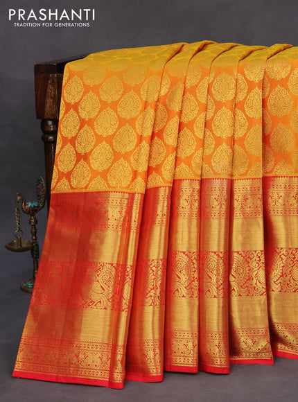 Pure kanchipuram silk saree mustard yellow and red with zari woven buttas and long zari woven border