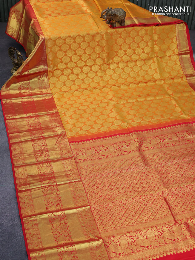 Pure kanchipuram silk saree mustard yellow and red with zari woven buttas and long zari woven border