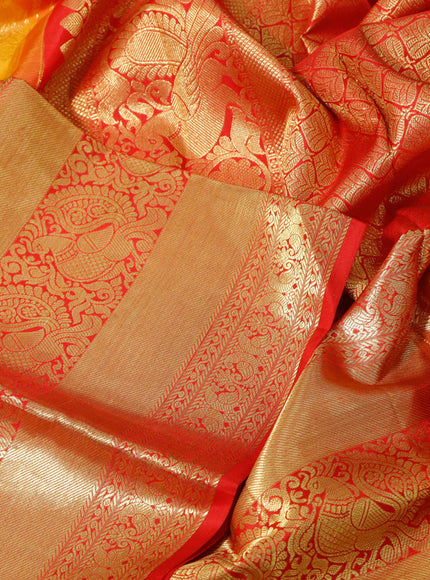 Pure kanchipuram silk saree mustard yellow and red with zari woven buttas and long zari woven border