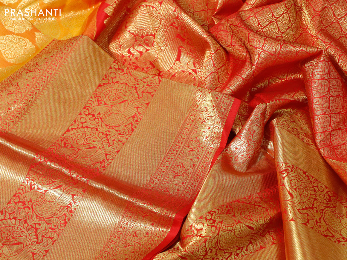 Pure kanchipuram silk saree mustard yellow and red with zari woven buttas and long zari woven border