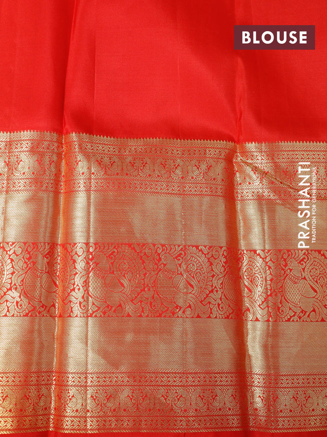 Pure kanchipuram silk saree mustard yellow and red with zari woven buttas and long zari woven border