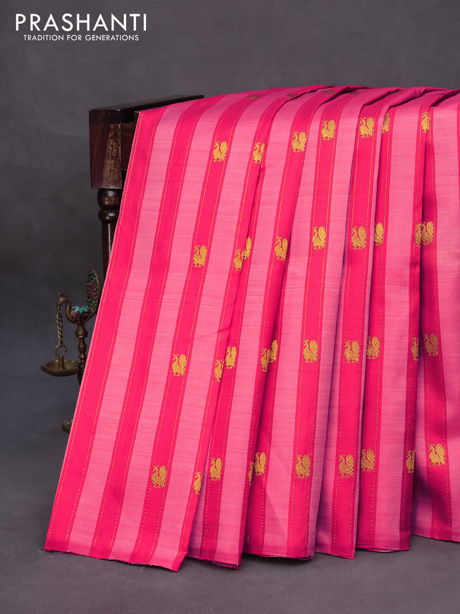 Pure kanchipuram silk saree pink red and dark blue with allover annam zari woven buttas in borderless style