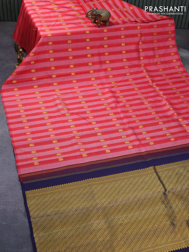 Pure kanchipuram silk saree pink red and dark blue with allover annam zari woven buttas in borderless style