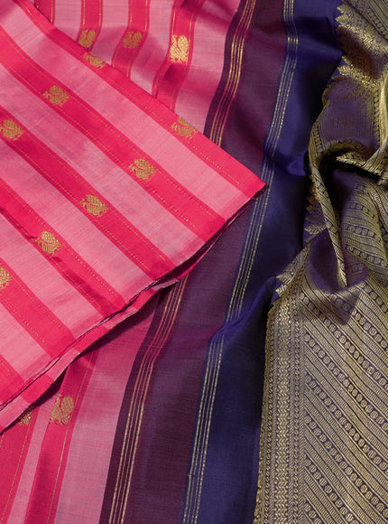 Pure kanchipuram silk saree pink red and dark blue with allover annam zari woven buttas in borderless style