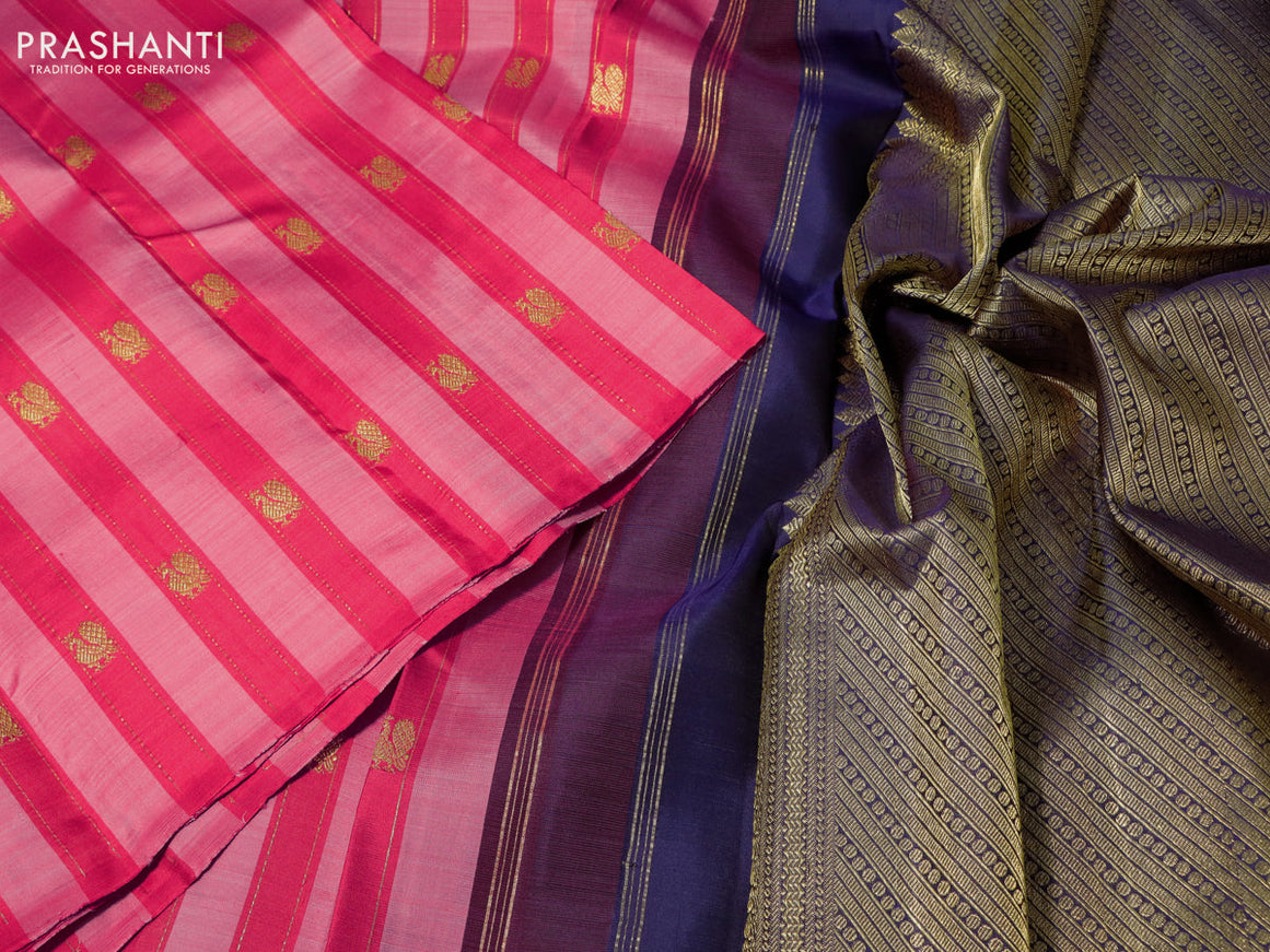 Pure kanchipuram silk saree pink red and dark blue with allover annam zari woven buttas in borderless style