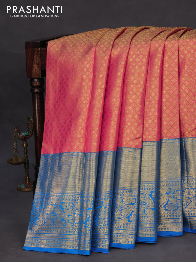 Pure kanchipuram tissue silk saree dual shade of pinkish gold and cs blue with allover zari woven brocade weaves and long zari woven border