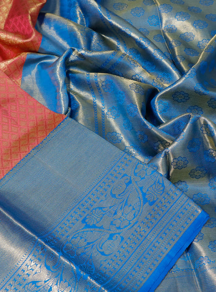 Pure kanchipuram tissue silk saree dual shade of pinkish gold and cs blue with allover zari woven brocade weaves and long zari woven border