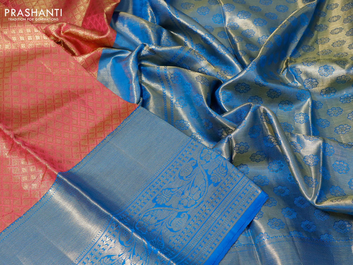 Pure kanchipuram tissue silk saree dual shade of pinkish gold and cs blue with allover zari woven brocade weaves and long zari woven border