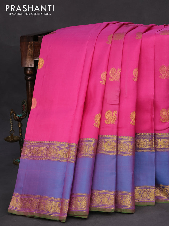 Pure kanchipuram silk saree pink and dual shade of cs blue with annam zari woven buttas and rettapet zari woven border