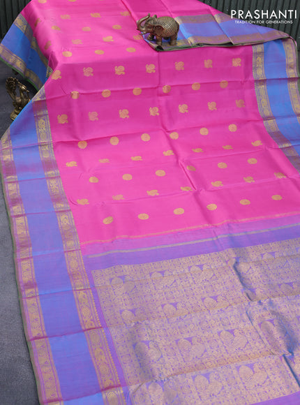 Pure kanchipuram silk saree pink and dual shade of cs blue with annam zari woven buttas and rettapet zari woven border