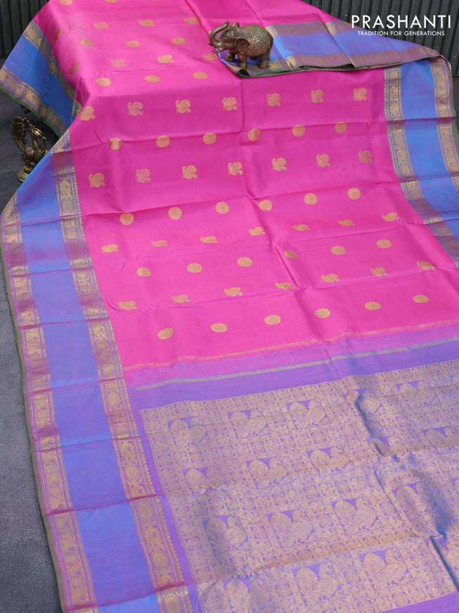 Pure kanchipuram silk saree pink and dual shade of cs blue with annam zari woven buttas and rettapet zari woven border