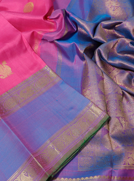 Pure kanchipuram silk saree pink and dual shade of cs blue with annam zari woven buttas and rettapet zari woven border