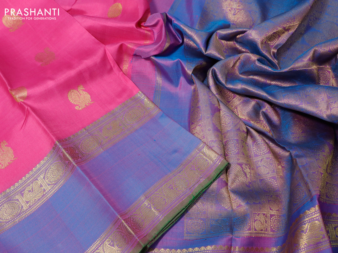 Pure kanchipuram silk saree pink and dual shade of cs blue with annam zari woven buttas and rettapet zari woven border