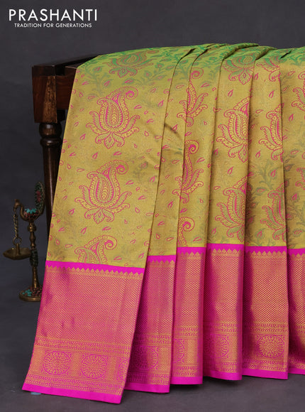 Pure kanchipuram silk saree mehendi green and pink with allover zari woven brocade weaves and long zari woven border