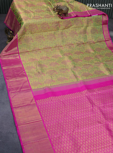 Pure kanchipuram silk saree mehendi green and pink with allover zari woven brocade weaves and long zari woven border