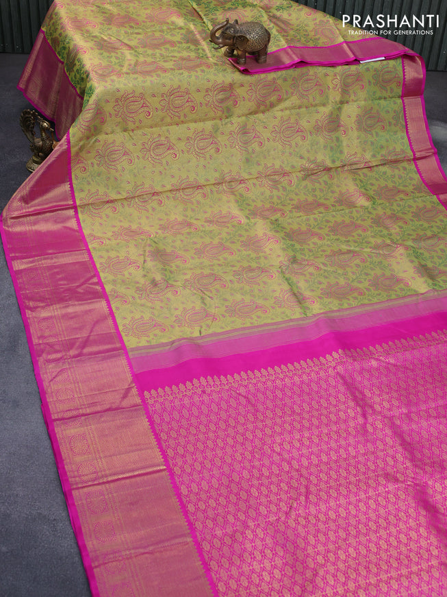 Pure kanchipuram silk saree mehendi green and pink with allover zari woven brocade weaves and long zari woven border