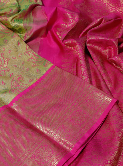 Pure kanchipuram silk saree mehendi green and pink with allover zari woven brocade weaves and long zari woven border