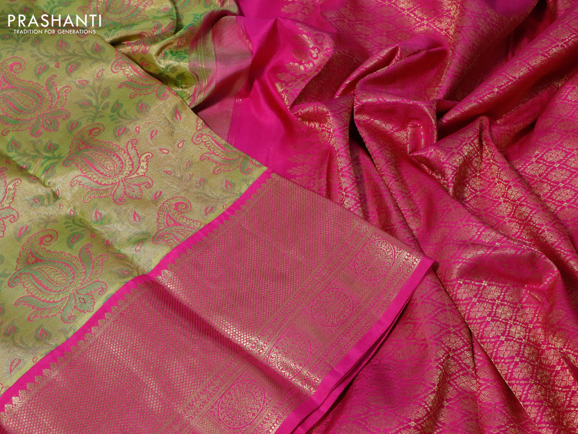 Pure kanchipuram silk saree mehendi green and pink with allover zari woven brocade weaves and long zari woven border