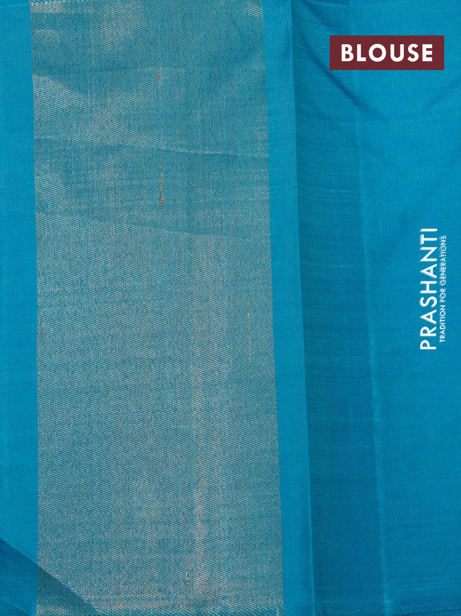 Pure kanchipuram silk saree yellow and teal blue with allover zari woven brocade weaves and long zari woven border