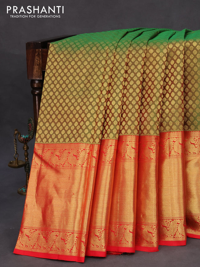 Pure kanchipuram silk saree dual shade of green and red with allover zari woven butta weaves and long zari woven border