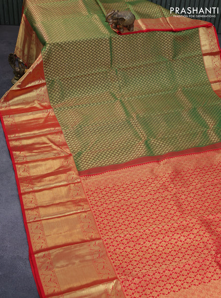 Pure kanchipuram silk saree dual shade of green and red with allover zari woven butta weaves and long zari woven border