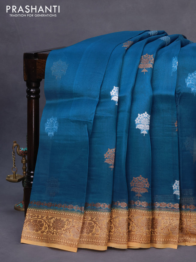 Banarasi organza silk saree peacock blue and yellow with thread & zari woven buttas and banarasi style border