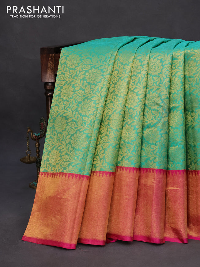 Pure kanchipuram silk saree teal green and pink with allover zari woven floral design brocade weaves and temple design zari border