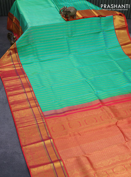 Pure kanchipuram tissue silk saree teal blue and dual shade of orange with allover zari weaves and zari woven border