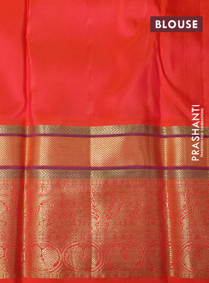 Pure kanchipuram tissue silk saree teal blue and dual shade of orange with allover zari weaves and zari woven border