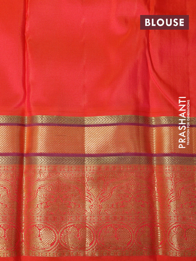 Pure kanchipuram tissue silk saree teal blue and dual shade of orange with allover zari weaves and zari woven border