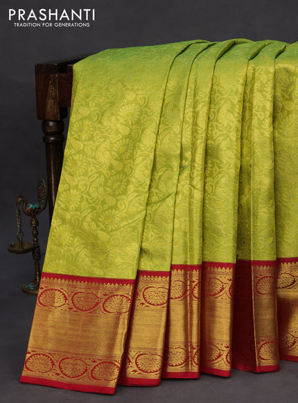 Pure kanchipuram tissue silk saree lime green and red with allover zari woven brocade weaves and zari woven border